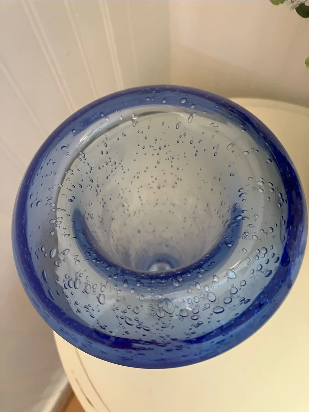 Vintage Hand Blown Cobalt Blue Footed Vase With Folded Trumpet Rim